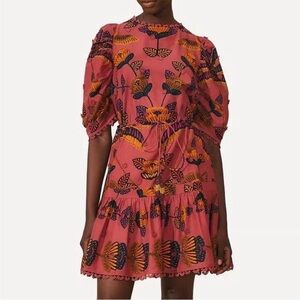 🦜Farm Rio In Living Bloom Puff Sleeve Beaded Tassel Cinch Waist Mini Dress large